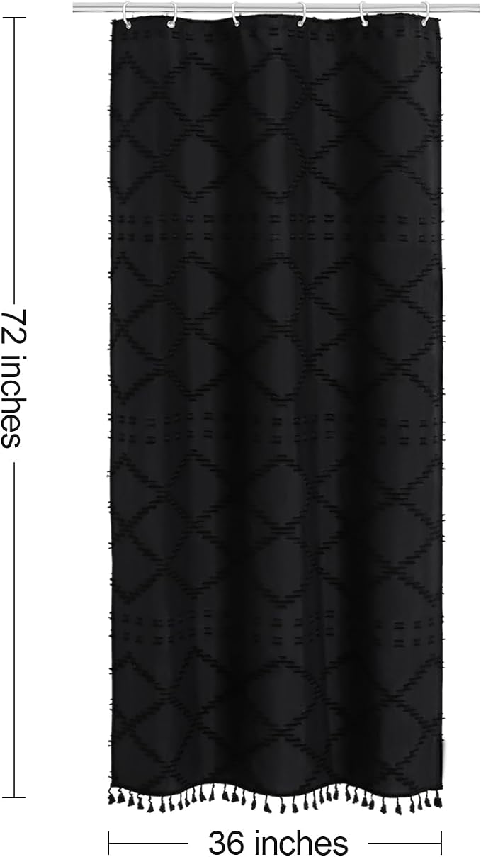 Black Boho Woven Fabric Shower Curtain with Tassel 36x72, Tufted Textured | Modern Farmhouse Curtain for Bathroom, Stall Bathroom Curtain, Minimalist Decor, Waterproof