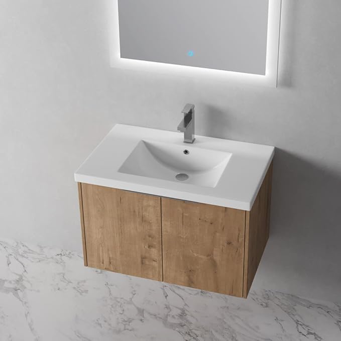 SSLine Wall Mounted Bathroom Vanity with Sink Combo Modern 30-Inch Single Bathroom Vanity Set with Top Basin &Storage Cabinet Wood Hanging Bath Cabinet w/Resin Sink for Small Space(Brown)