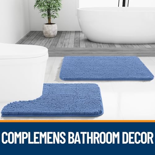 OLANLY Chenille Bathroom Rugs Set 2 Piece, 47"x20"+24"x20", Cornflower Blue