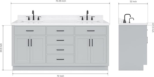 ARIEL Hepburn 72-inch Bathroom Vanity with Sink,Solid Wood, 1.5-inch Carrara White Quartz Countertop & Backsplash, Double Rectangular Porcelain Sink, 4 Soft Closing Doors, 6 Dovetail Drawers, Grey