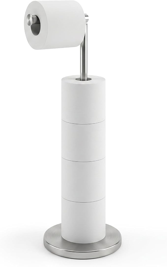 Cesun Weighted Base Free Standing Toilet Paper Holder Stand, Brushed Nickel | SUS304 Rustproof Steel | Thick Non-Slip Base | Swivel Pivot Design | Slim Footprint | Holds 5 Rolls