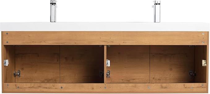 Blossom 60 Inch Wall Mounted Bathroom Vanity with Sink | Floating Wood Vanity Cabinet | Modern Soft-Close Doors & Storage | Space-Saving Design (Classic Oak, 60'' Acrylic Double Sink)