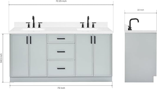 ARIEL Kelly 72-inch Bathroom Vanity with Sink,Solid Wood, 1.5-inch Carrara White Quartz Countertop & Backsplash, Double Rectangular Porcelain Sink, 4 Soft Closing Doors, 5 Dovetail Drawers, Grey