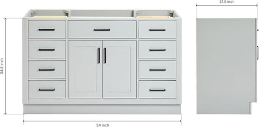 ARIEL Hepburn 54-inch Bathroom Vanity Base Cabinet,Solid Wood, 2 Soft Closing Doors, 9 Dovetail Drawers, Grey