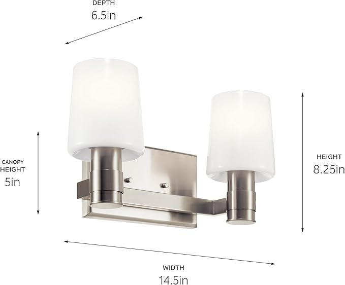 Kichler Adani 2-Light Vanity, Modern Light with Opal Glass in Brushed Nickel, Bathroom or Powder Room (8.25" x 14.5"), 55175NI