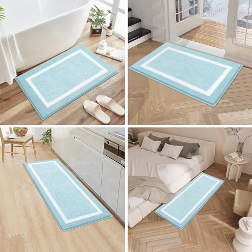Pauwer Bathroom Rugs 3 Piece Set, Non Slip Washable Bath Mat, Light Blue