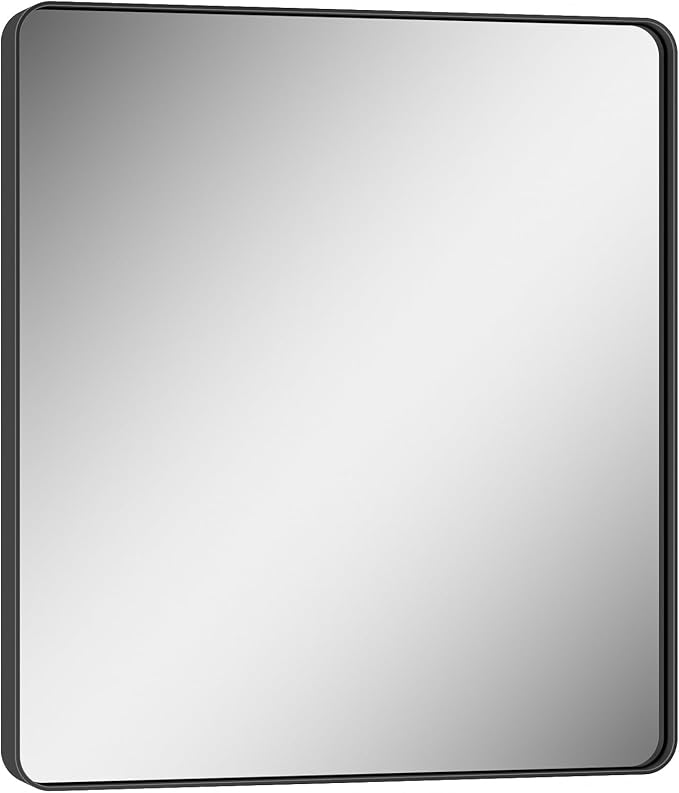 Keonjinn 32 x 36 Inch Black Bathroom Mirror, Tempered Glass Vanity Mirror | Sandblasted Finish, Matte Black Mirror, Anti-Rust, Seamless Aluminum Frame, Rounded Rectangle, French Cleat Mount, Home Décor