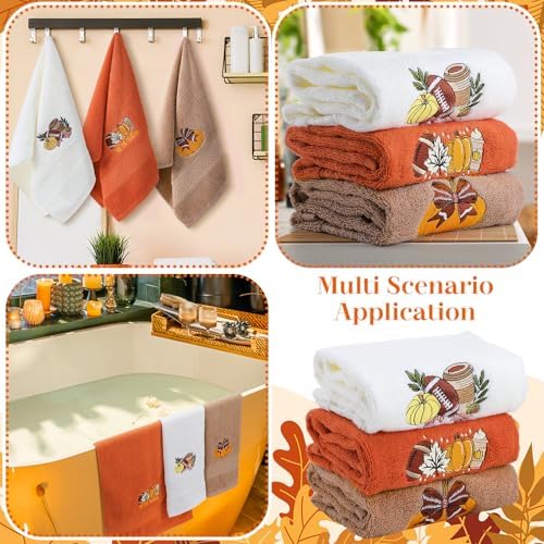 FuWeave 3 Pcs Orange Brown Fall Football Hand Towels for Bathroom
