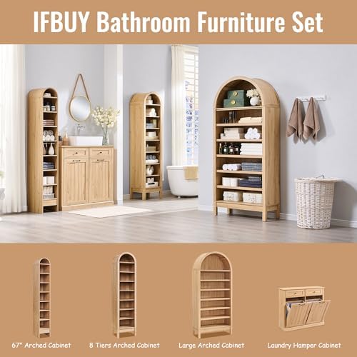 IFBUY 71" Tall Arched Bathroom Storage Cabinet, 8-Tier Modern Farmhouse Storage Cabinet with Adjustable Shelves, Wood Freestanding Cabinet for Bathroom, Living Room, Entryway, Hallway (Natural)