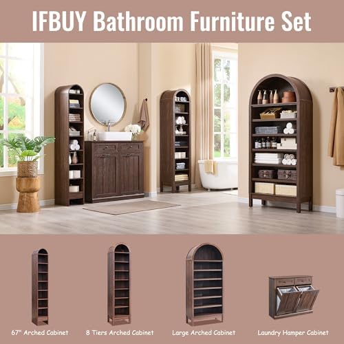 IFBUY 71" Tall Arched Bathroom Storage Cabinet, 7-Tier Modern Farmhouse Storage Cabinet with Adjustable Shelves, Wood Freestanding Cabinet for Bathroom, Living Room, Entryway, Hallway-Brown