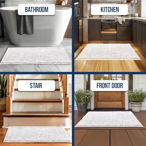 Muddy Mat® | Chenille Bathroom Rugs Quick Dry Microfiber Mats Non Slip Washable, Extra Thick, Soft and Highly Absorbent Bath Mats for Bathroom, Kitchen, and Shower Floor - White 18"x28"