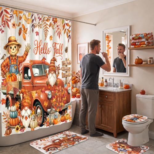 FuWeave 8Pcs Hello Fall Shower Curtain Set, Vintage Truck Gnome Scarecrow Pumpkin Bathroom Decor, Includes Non-Slip Bath Rug, U-Shaped Mat, Toilet Lid Cover, Towels & 12 Hooks, Autumn Harvest Decor