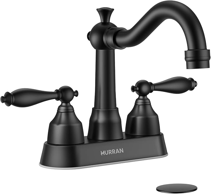 Hurran 4-inch Centerset ORB Classical Bathroom Faucet, 2 Handles for 2 or 3 Hole Sink with 360° Swivel Spout, Pop Up Drain Assembly and Supply Hose for Vanity Sink Lavatory Faucet