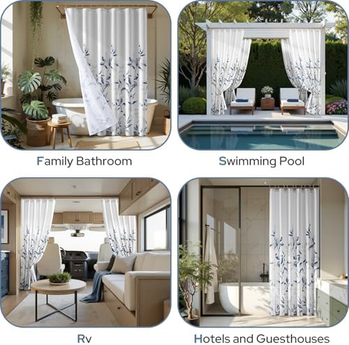 HOMEIDEAS Blue and White Botanical Shower Curtain 72×84 Inches