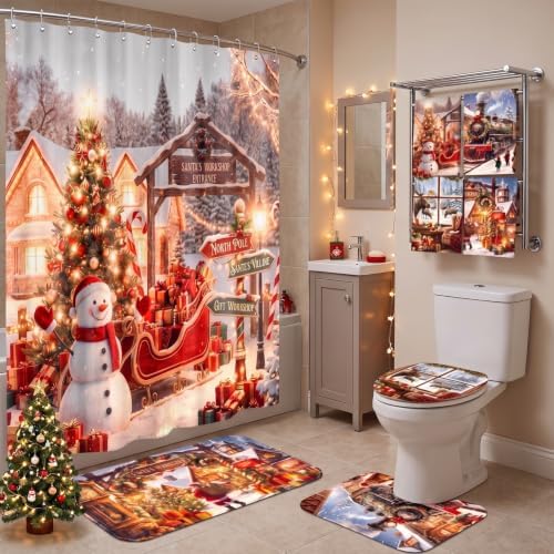 FuWeave 8 Pcs Christmas Shower Curtain Set for Bathroom Decor Include Vintage Steam Train Snowman Towels Christmas Non Slip Santa Cabin Rugs Toilet Lid Cover Xmas Bath Mat and 12 Hooks