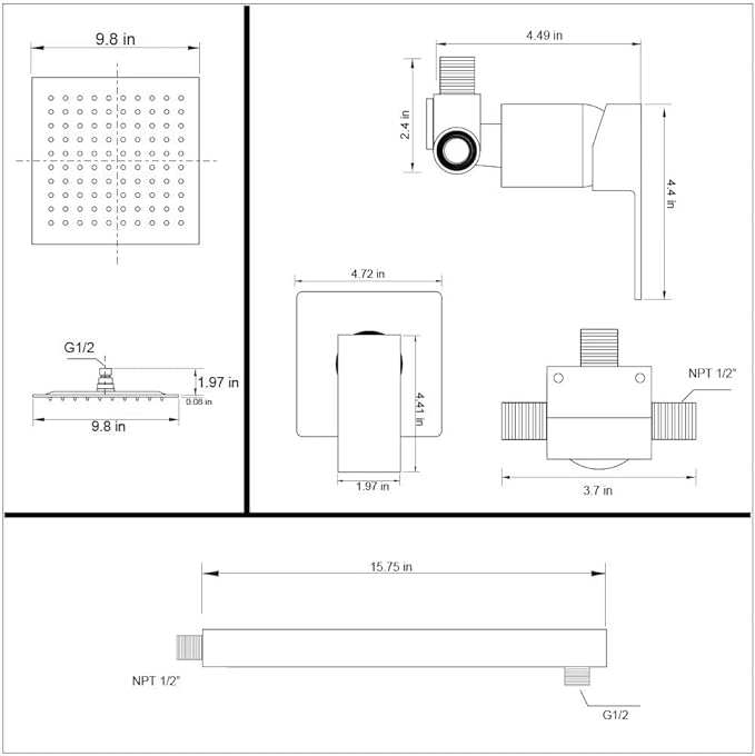 Matte Black Shower Faucet Set, Bathroom Rainfall Shower System with Stainless Steel Metal Showerhead, Single Function Shower Trim Kit with Rough-in Valve