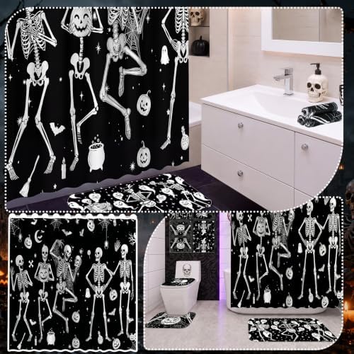 FuWeave 8 Pcs Halloween Shower Curtain Set for Bathroom Decor Include Dancing Skeleton Skull Ghost Pumpkin Towels Halloween Non Slip Spider Web Rugs Toilet Lid Cover Bat Bath Mat and 12 Hooks