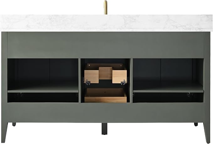 Vanity Art 60 inch Bathroom Vanity with Single Sink & Ceramic Top, Vanity Cabinet with Soft-Closing Door, Solid Wood Frame, Linear Pattern, Vintage Green, Golden Brushed Handware VA9160-SVG-GB