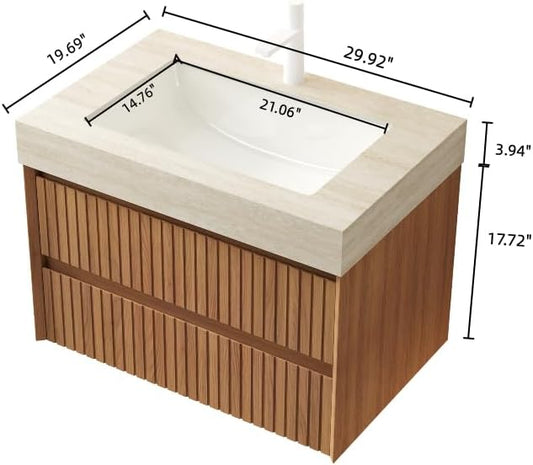 30'' Floating Bathroom Vanity with Sink, Wall Mounted Modern Cabinet W/Travertine-Pattern Sintered Top, Plywood & Solid Wood, Pre-Assembled with Undermount Ceramic Basin, Espresso Woodgrain