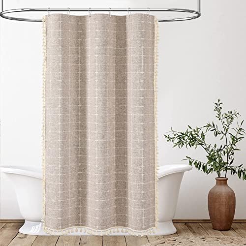 BTTN Stall Boho Farmhouse Linen Heavy Duty Shower Curtain, 36x72, Tan/Taupe