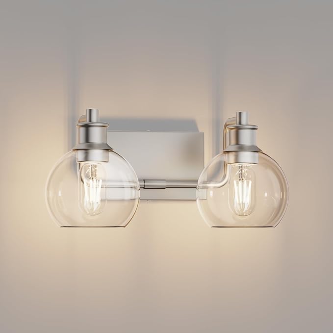 Tipace Bathroom Vanity Light,2 Light Brushed Nickel Vanity Lights with Clear Glass Shade,Modern Wall Sconces,Bathroom Lighting Fixtures Over Mirror for Living Room(Exclude Bulb)