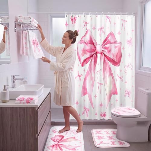 FuWeave 8 Pcs Pink Bow Shower Curtain Sets for Bathroom Decor Cute Coquette Bathroom Accessories Bow Knot Aesthetic Girly Shower Curtain Sets with Towels Carpet Bath Mat Toilet Rugs and 12 Hooks