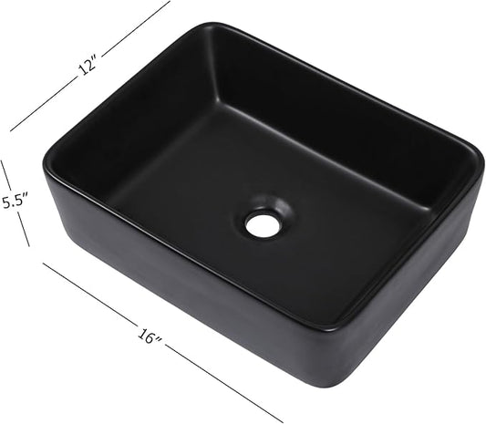 16"x12" Vessel Sink Rectangle - Modern Above Matte Black Porcelain Ceramic Bathroom Vessel Vanity Sink Bowl Art Basin