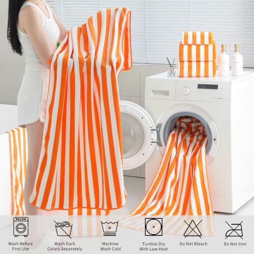 18 Pcs Orange Stripe Bath Towel Set with Hanging Loop-6 Bath Towels,6 Hand Towels,6 Washcloths Soft Family Towels Bathroom Towel Highly Absorbent Quick Dry Shower Towel for Beach Chair Spa Gym Hotel