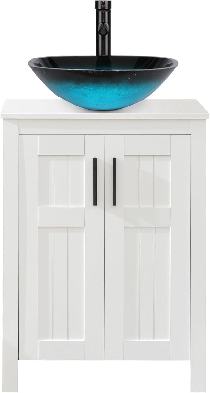 UEV White 24" Bathroom Vanity with Sink Combo,Modern Vanity with Vessel Sink,Stylish Bathroom Vanity Cabinet,Grooved Doors & Metal Handles,Modern Square Ocean Blue Tempered Glass Vessel Sink(A10)