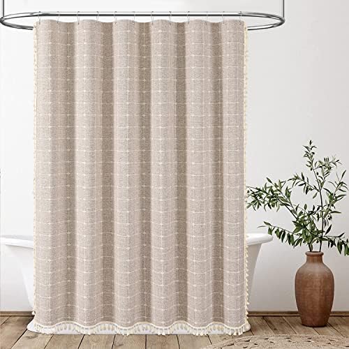 BTTN Extra Long Boho Farmhouse Linen Shower Curtain Set, 72x96, Tan/Taupe