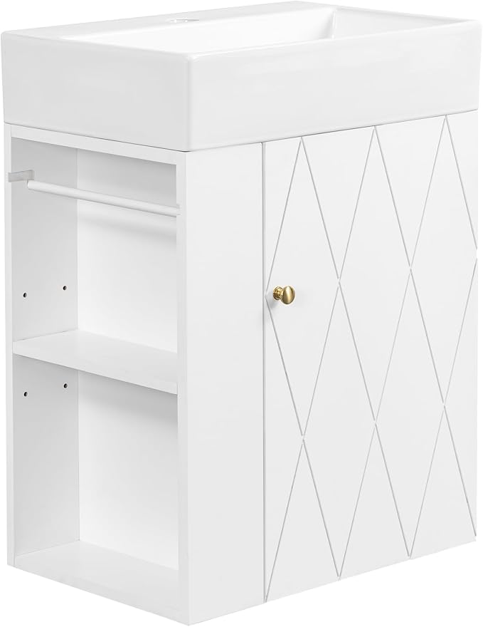 20" Floating Small Bathroom Vanity with Sink, Wall Mounted Vanity for Compact Bathrooms, Space-Saving Narrow Bathroom Vanities with Soft-Close Door Open Shelf Towel Bar (White,20" Floating Door)