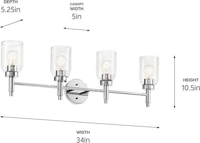Kichler Madden 4-Light Vanity with Clear Glass in Chrome, Sloped Ceiling Compatible, for Single or Double Vanity in Bathroom (10.5" x 34"), 55186CH