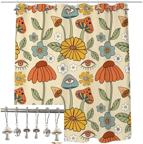 Mushroom Shower Curtain Hooks, 12Pcs Rustproof Metal Cute Retro Mushroom Shower Curtain Hooks Rings for Boho Fairy Forest Country Cottagecore Style Home Bathroom Decor (Silvery)