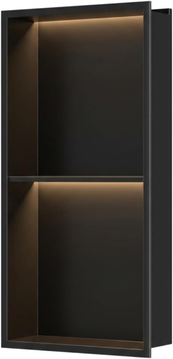 304 Stainless Steel LED Recessed Black Shower Niche 12"x24" Double Shelves | Waterproof Rustproof Bathroom Shower Niche Insert No Tile Needed, for Shower & Bathroom Storage