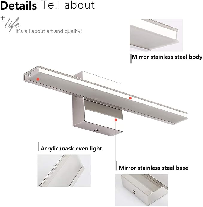 Chrome Bathroom Light Fixtures 24 Inch Bath Wall Lighting IP44 14W Vanity Lamp Bar Modern LED Lights for Vanity Rectangle Bathroom Lamps Over Mirror Acrylic Restroom Sink Light