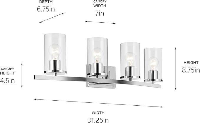 Kichler Crosby 31.25" 4-Light Vanity Light with Clear Glass in Chrome, for Bathroom, (31.25 x 8.75), 45498CHCLR