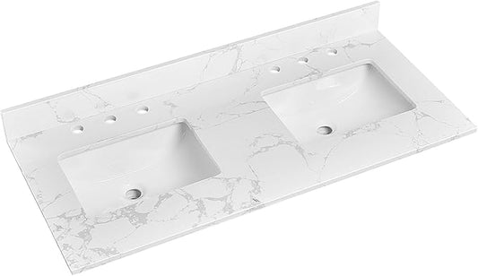 48"x22" Vanity Top with Sink, Engineered Stone Vanity Top with Rectangular Undermount Ceramic Double Sink, 8 Inch Faucet Hole Spacing with Backsplash Countertops for Bathroom