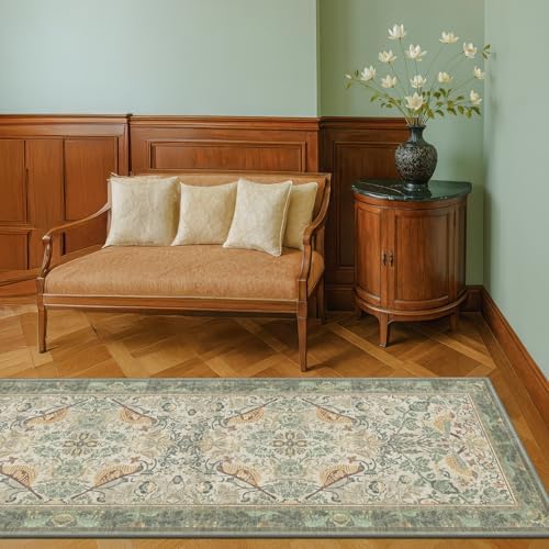 8ft Long Floral Kitchen Runners - Sage 2x8 Runner Rug for Hallway Bathroom Laundry Room Bedroom Beside Bed Entryway, Boho Birds Leaves Patterned Non Slip Low Pile Washable Rugs