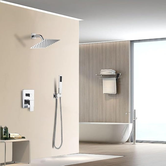 Shower System Polished Chrome Bathroom Rainfall Shower Faucet Set Complete Wall Mounted 6 Inch Shower Head and Handle Set with Rough-in Valve Body and Trim Kit
