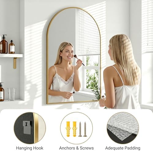 Antok Arched Bathroom Mirror, 24"x36" Wall Mounted Mirror, Vanity Mirrors for Over Sink, Aluminum Alloy Frame Bathroom Mirrors Living Room, Bedroom and Entryway, Gold