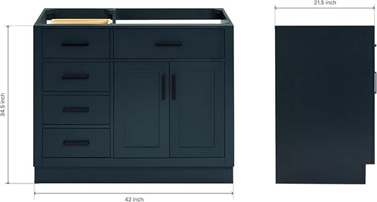 ARIEL Hepburn 42-inch Bathroom Vanity Base Cabinet,Solid Wood, 2 Soft Closing Doors, 5 Dovetail Drawers, Midnight Blue