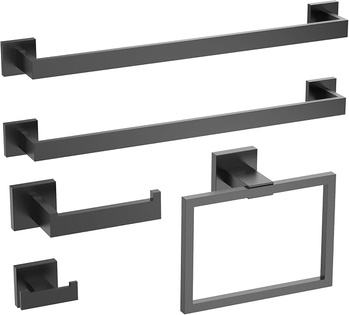Matte Black 5-Piece SUS304 Stainless Steel Bathroom Hardware Set | Includes two 23.8-inch towel bars, one toilet paper holder, one towel ring and one robe hook for coordinated wall storage.