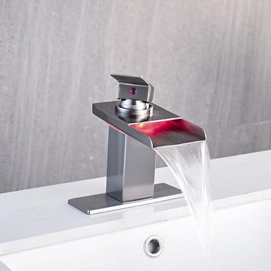LED Bathroom Sink Faucet, Brushed Nickel Waterfall Single Hole Handle Vanity Faucets for Sinks 1 Hole with Metal Pop Up Drain and 2 Water Supply Lines, Stainless Steel Spout