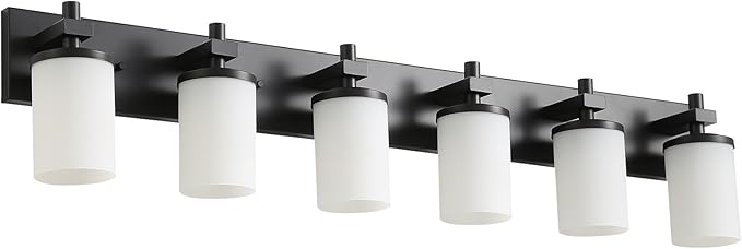 LOUSACE Bathroom Lighting Fixture Over Mirror, 6 Light Bathroom Vanity Lights Matte Black with Opal White Glass Shades, E26 Bulb Base, Wall Sconces Vanity Lighting Fixtures for Bathroom Living Room