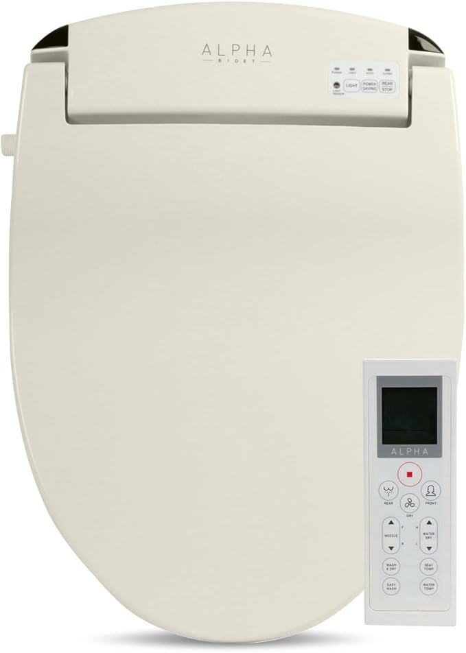 ALPHA BIDET JX2 Round Bidet Toilet Seat, Beige, Endless Warm Water, NEW* Bowl Mist, LED Light, Quiet Operation, Wireless Remote, Stainless Steel Nozzle, Sittable Lid, 3 Year Warranty