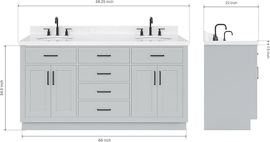 ARIEL Hepburn 66-inch Bathroom Vanity with Sink,Solid Wood, 1.5-inch Carrara White Quartz Countertop & Backsplash, Double Oval Porcelain Sink, 4 Soft Closing Doors, 6 Dovetail Drawers, Grey