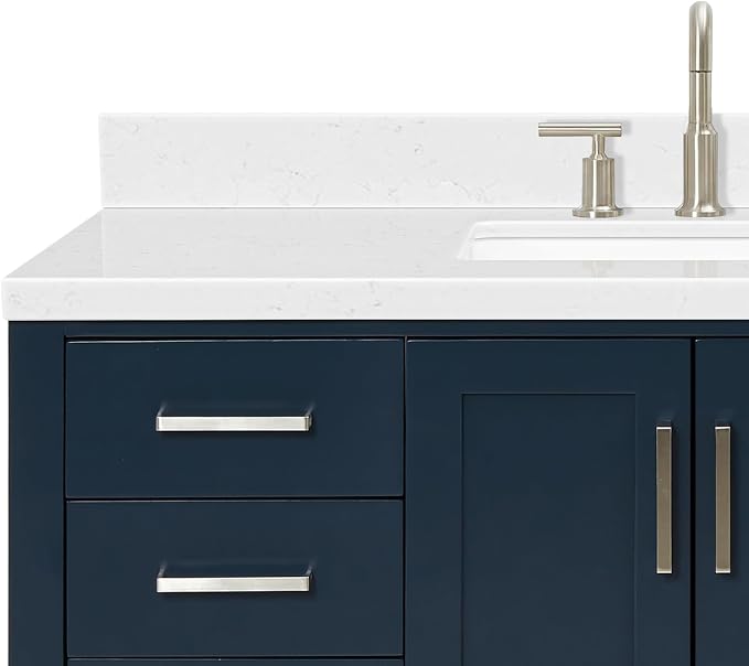 Olivia 48" Midnight Blue Bathroom Vanity with Sink, 1.5" Carrara Quartz Countertop, Rectangular Undermount Sink, 2 Soft-Closing Doors, 6 Full Extension Dovetail Drawers