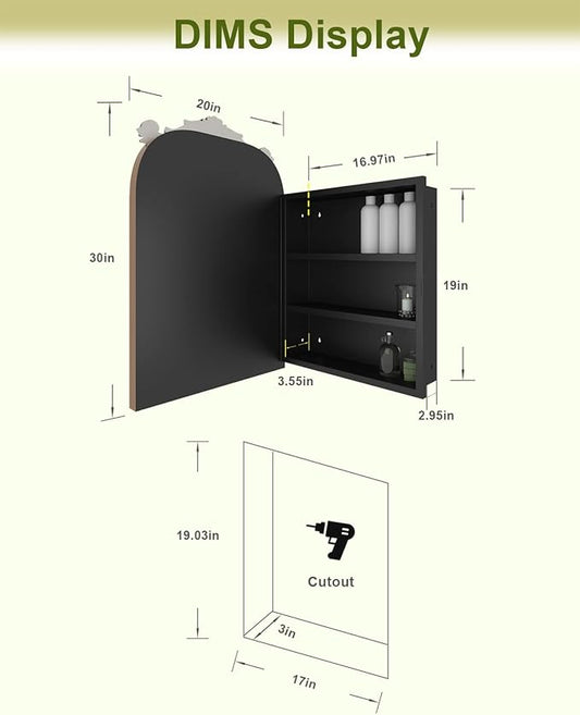 20"x30" Vintage Arched Bathroom Medicine Cabinet with Mirror, Hand-Painted Flower on Aluminum Frame Art Decor Medicine Cabinets Recessed / Wall Mounted, 2 Stable & Removable Shelves and 1 Organizer