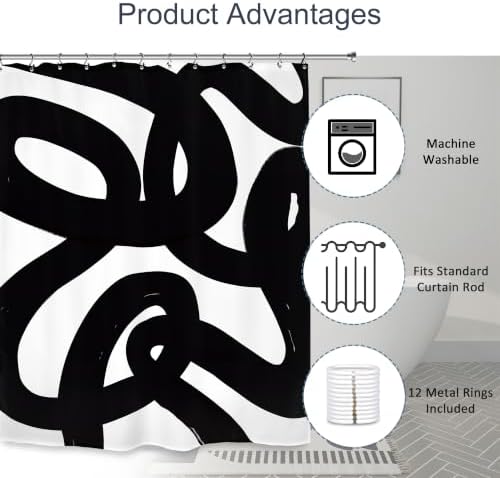 Abstract Black White Shower Curtain 60Wx72L Inch Modern Minimalist Geometric Contemporary Geometric Line Neutral Simple Bathroom Set Accessories Decor with 12 Pack Hooks