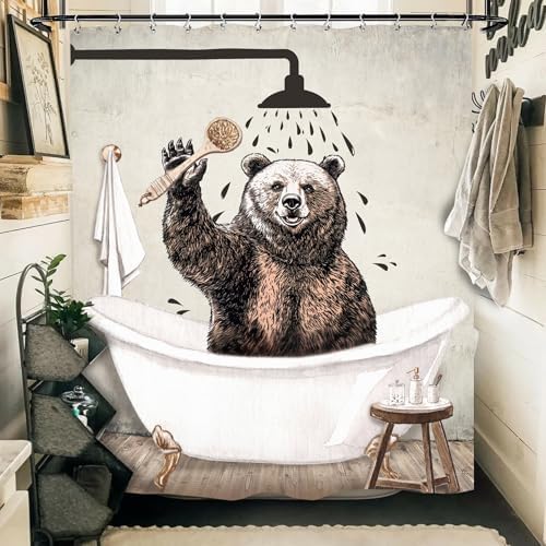 Funny Bear Shower Curtain 60Wx72L Inch Farmhouse Rustic Vintage Wild Cute Animal Kids Antique Bathroom Set Accessories Decor with 12 Pack Hooks